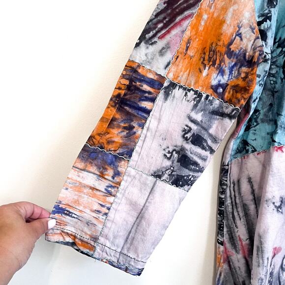 Indigo Artsy Lagenlook Womens Shirt Size O/S Patchwork Oversized Button Up Boxy - Picture 3 of 6